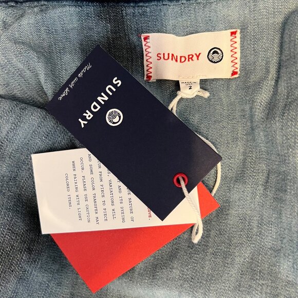 Sundry | Denim Tie Dye Long Sleeve Shirt | Star Heart Embroidery on Elbows | M - Picture 9 of 12